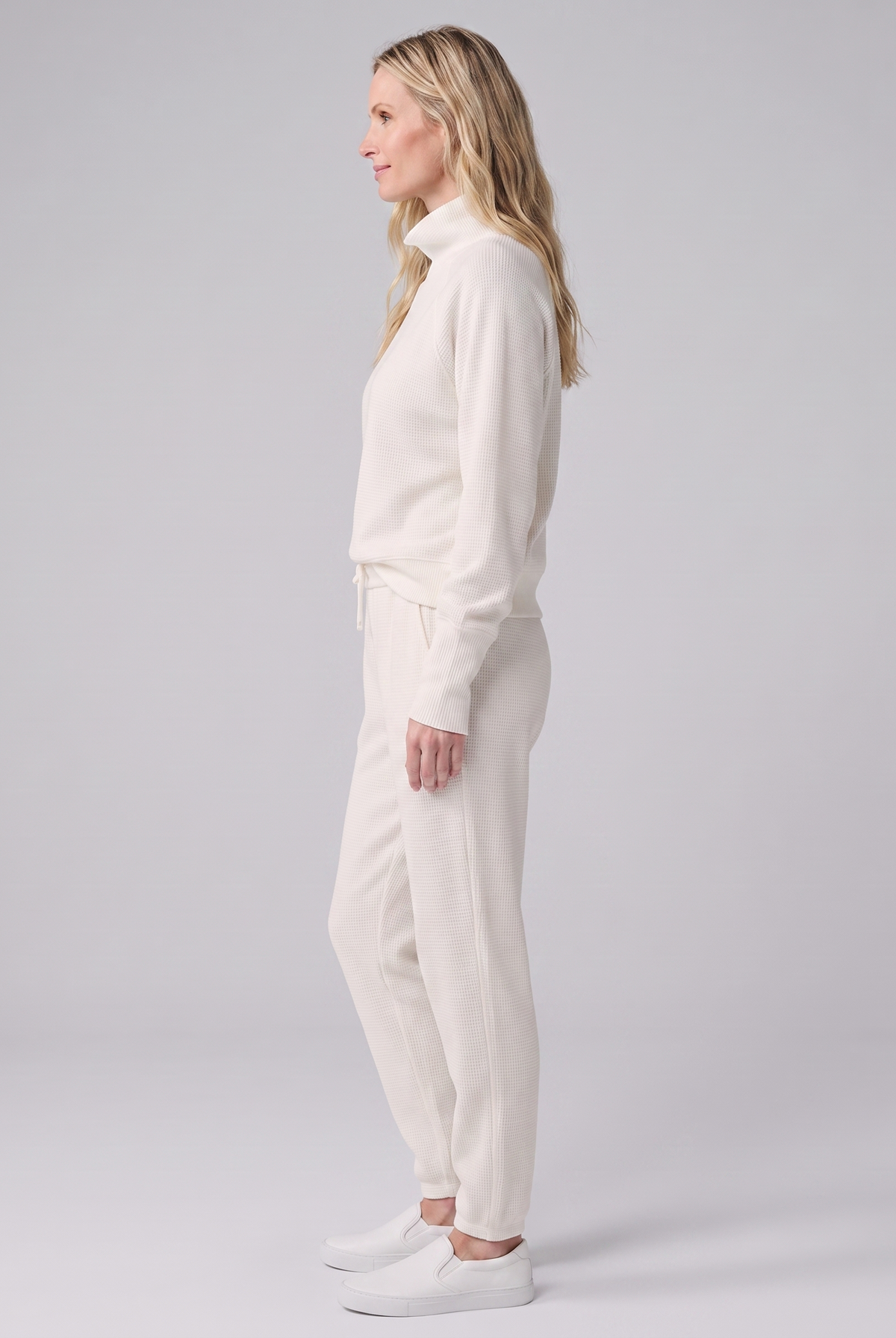 Sana waffle-knit loungewear set in cream, side view on model