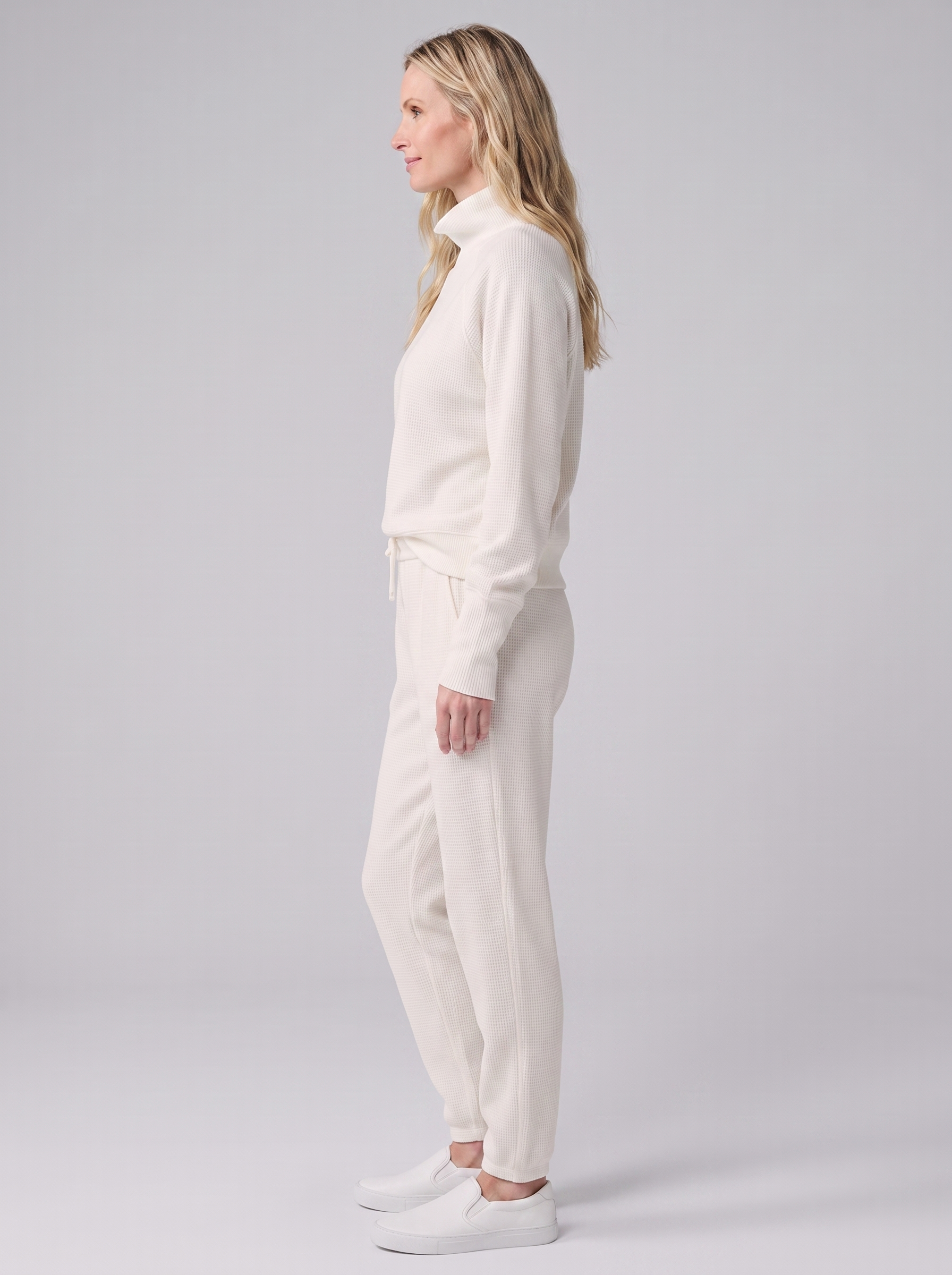 Sana waffle-knit loungewear set in cream, side view on model