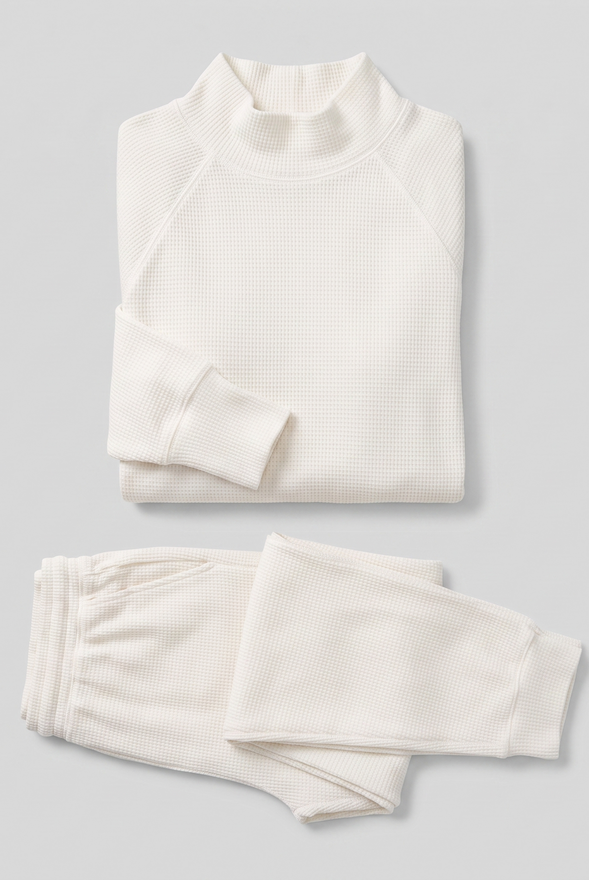 Sana waffle-knit loungewear set in cream, flat lay product shot