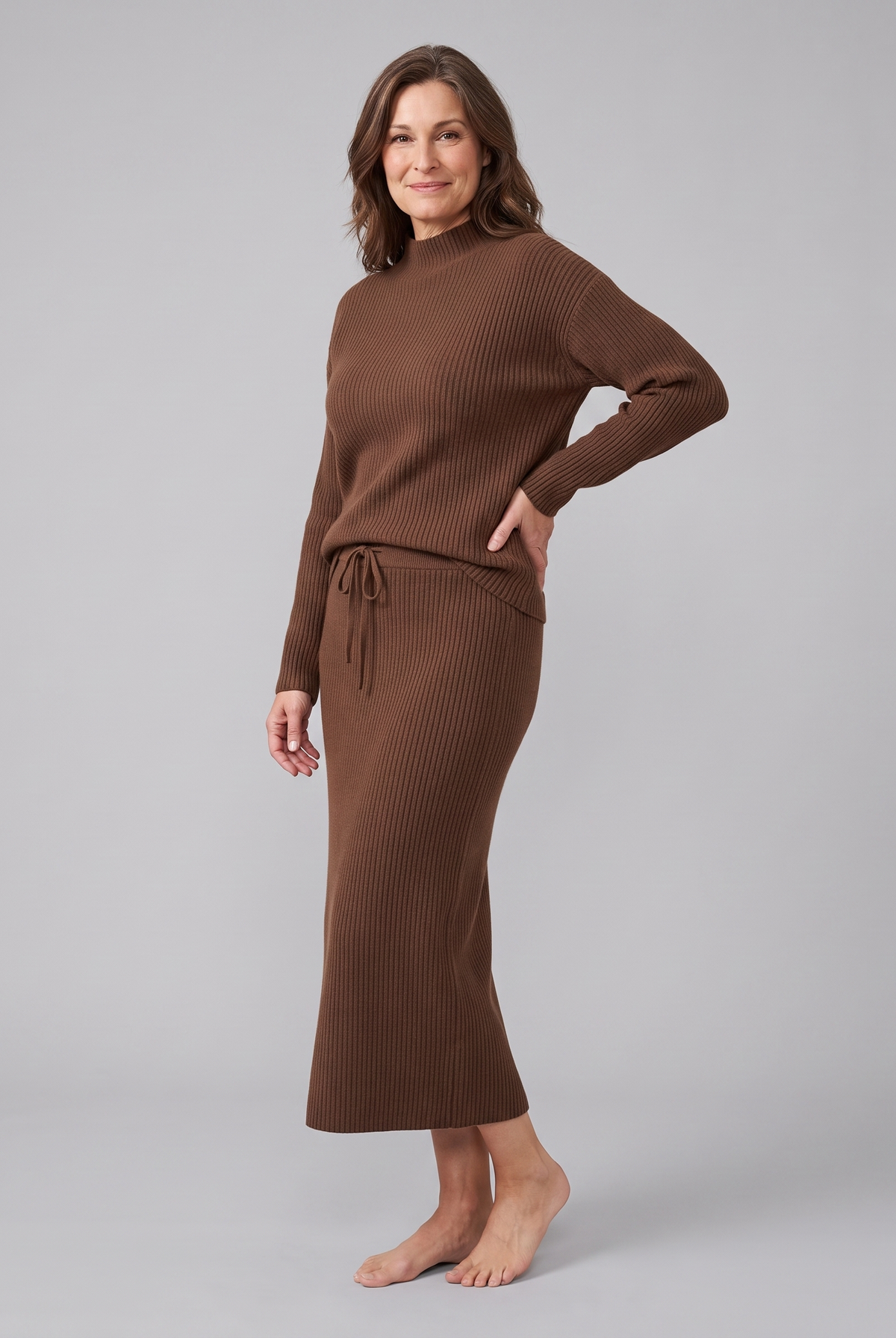 Soraya knit sweater and skirt set in brown on model
