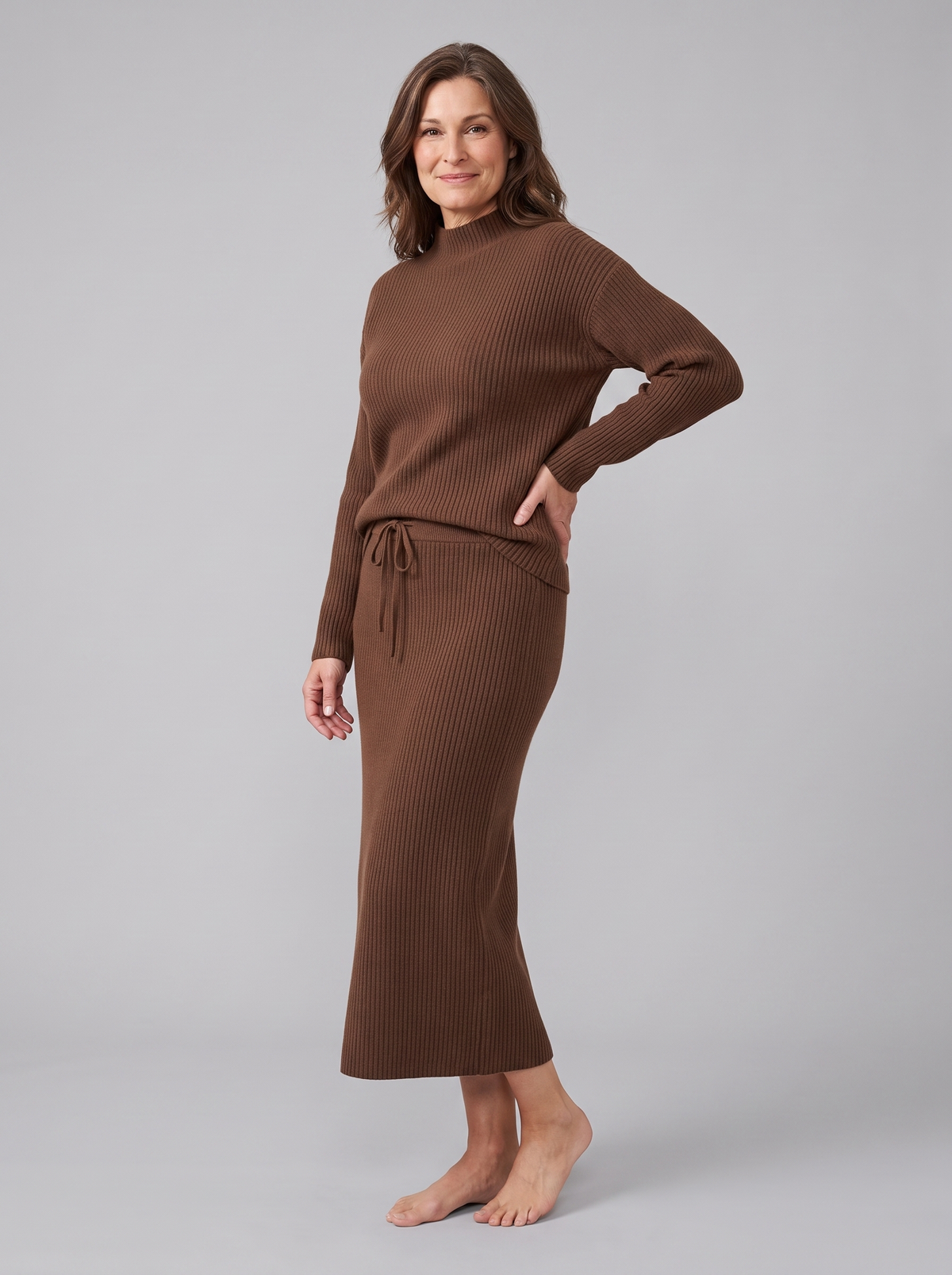 Soraya knit sweater and skirt set in brown on model