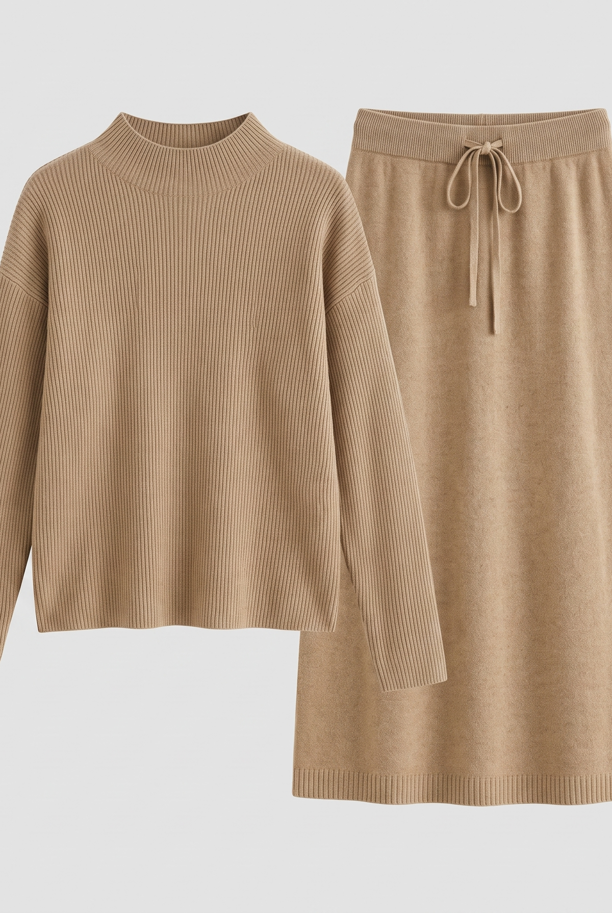 Soraya knit sweater and skirt set in taupe, flat lay product shot