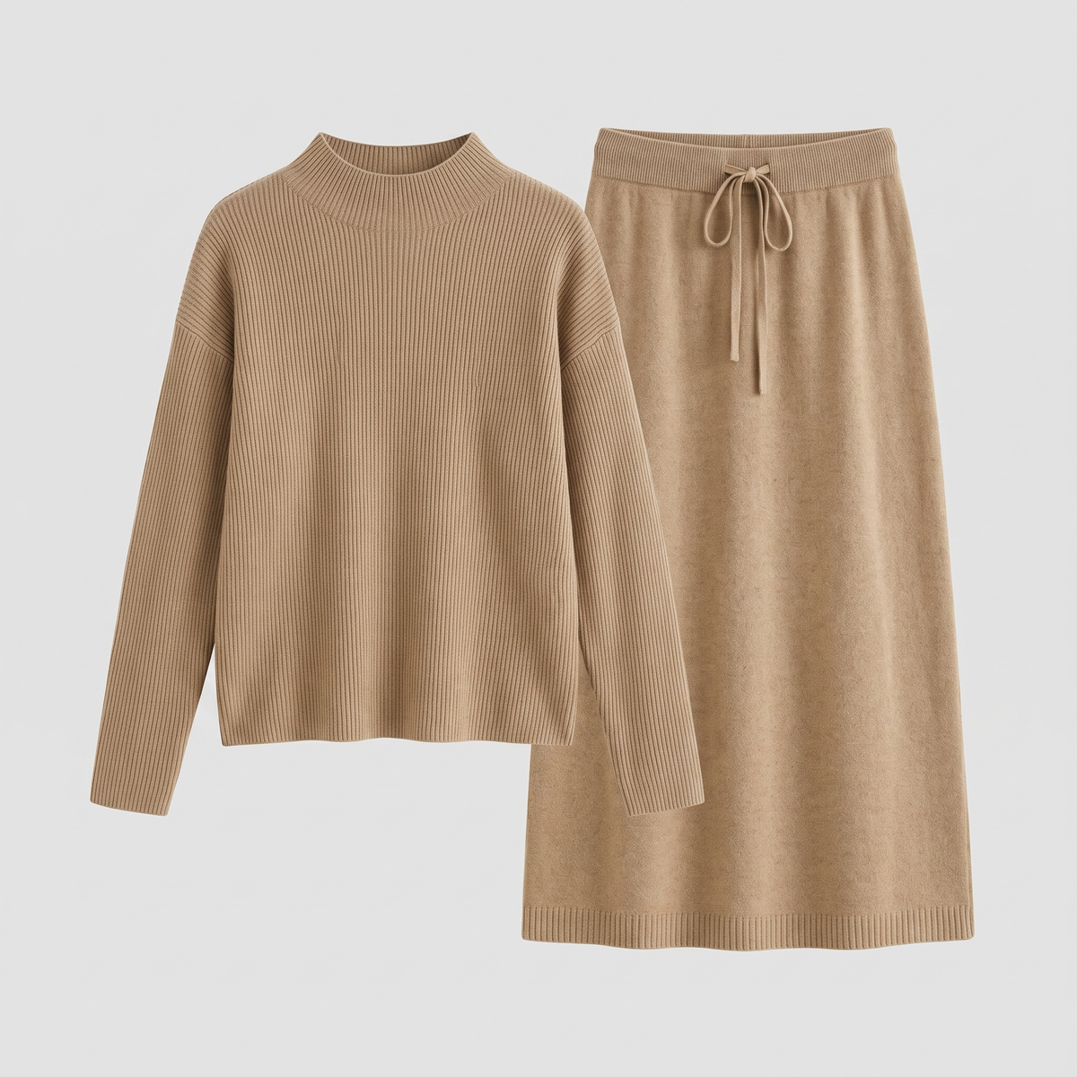 Soraya knit sweater and skirt set in taupe, flat lay product shot