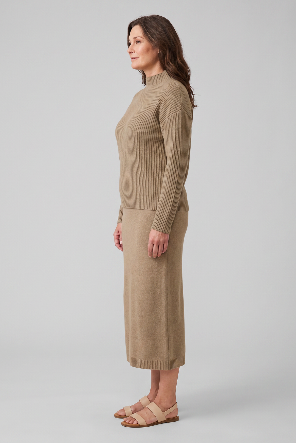 Soraya knit sweater and skirt set in taupe, front view on model