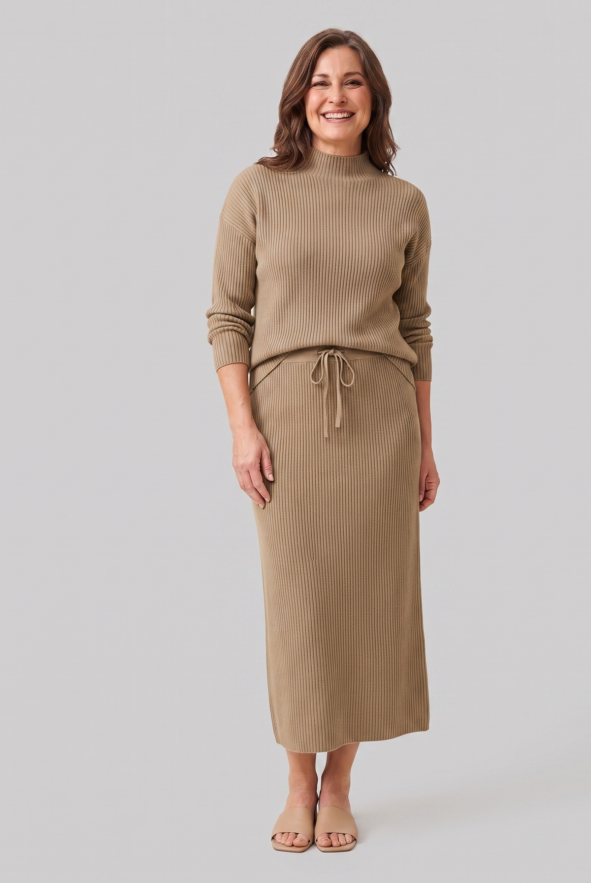 Soraya knit sweater and skirt set in taupe on model