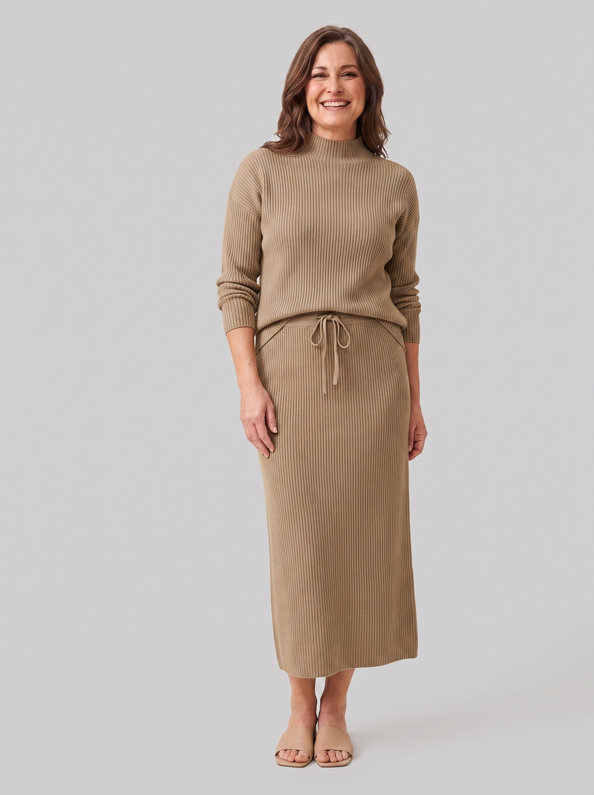 Soraya knit sweater and skirt set in taupe on model
