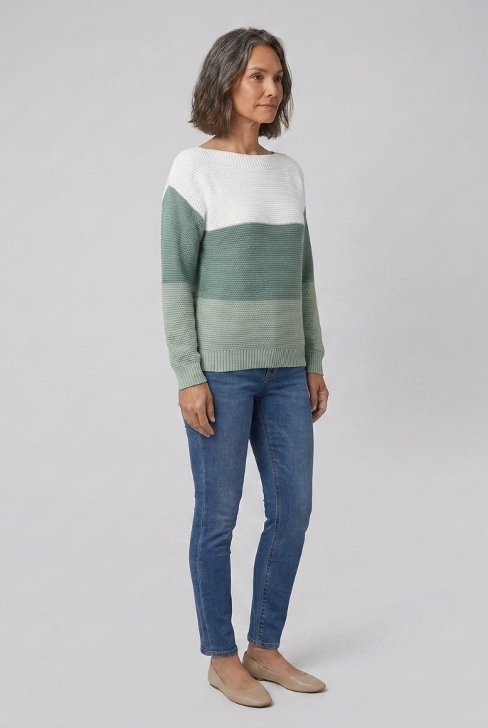 Thera colour-blocked boat neck sweater in blue, front view on model