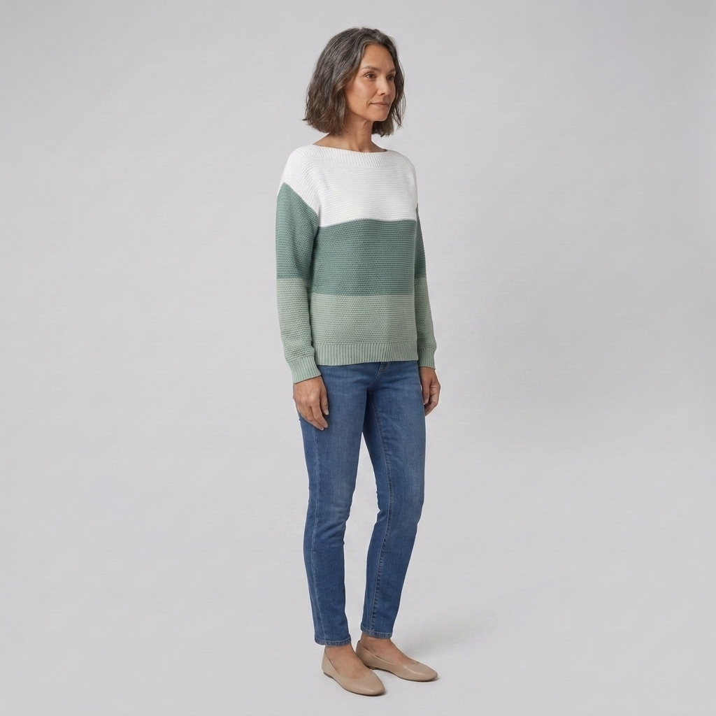 Thera colour-blocked boat neck sweater in blue, front view on model