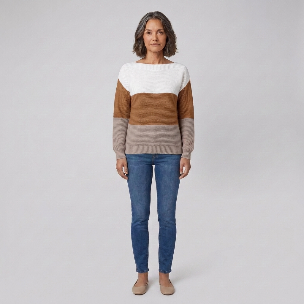 Thera colour-blocked boat neck sweater in camel on model