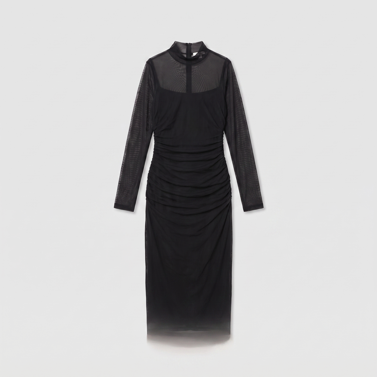 Vela sheer mesh bodycon midi dress in black, flat lay product shot