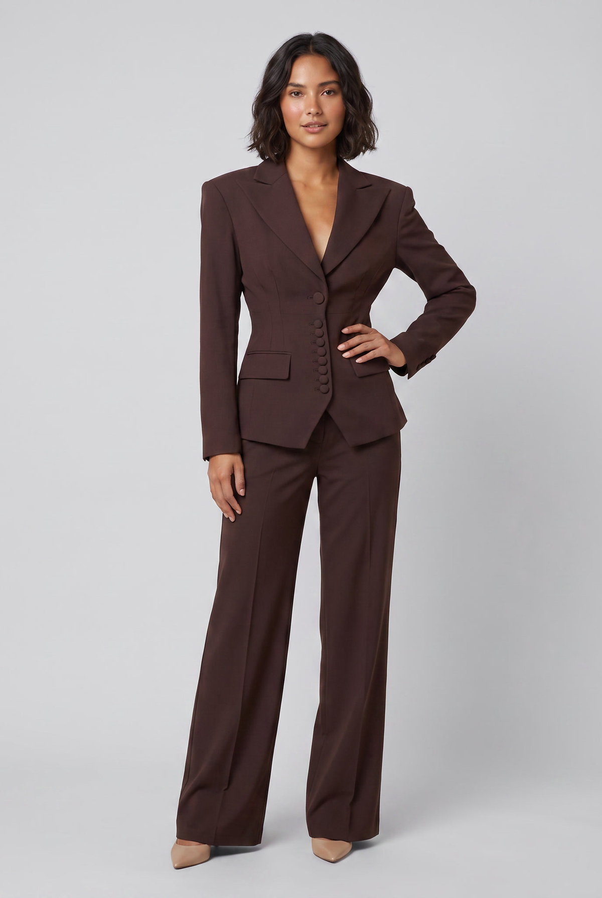 Wanda tailored peak lapel suit in brown on model