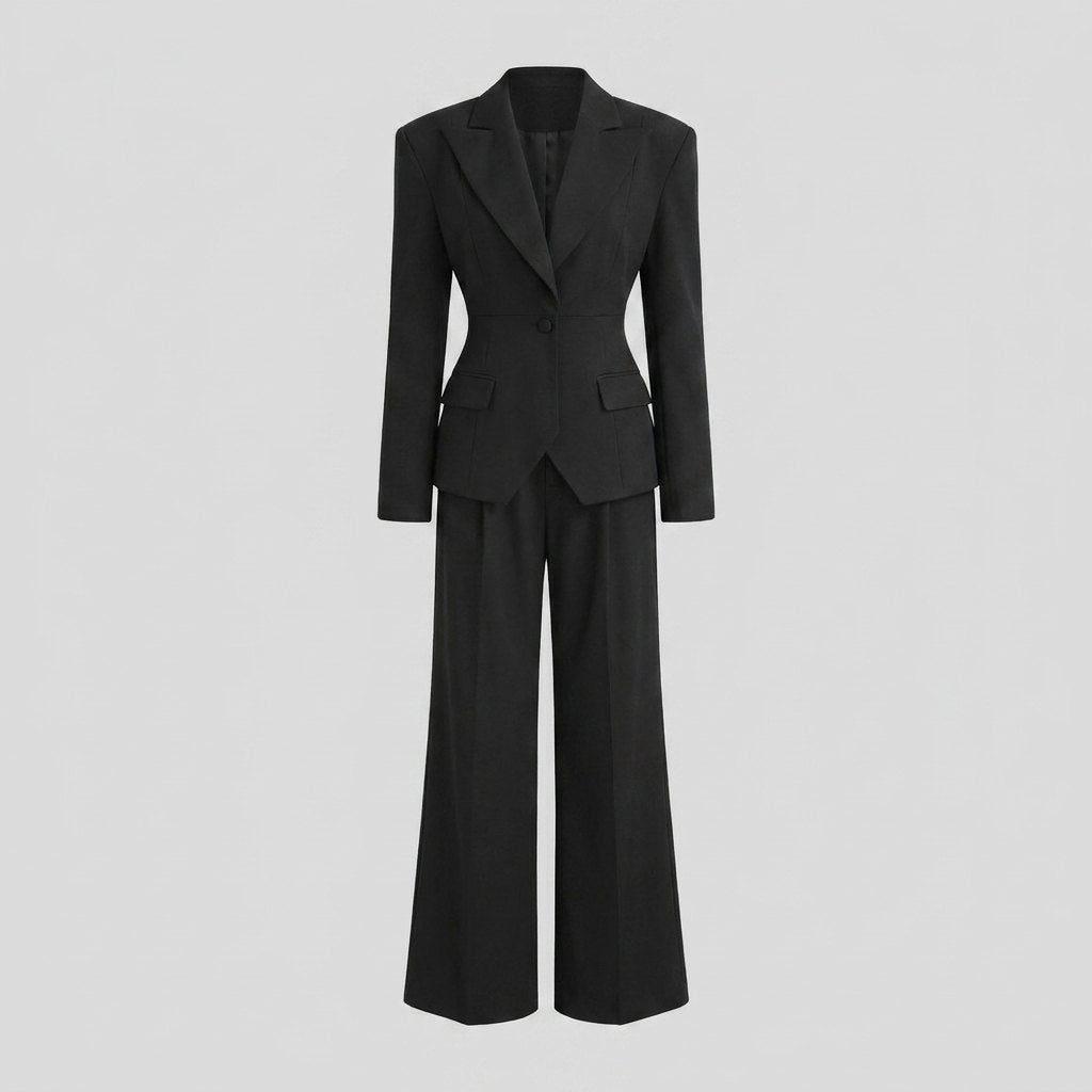 Wanda tailored peak lapel suit in black, flat lay product shot