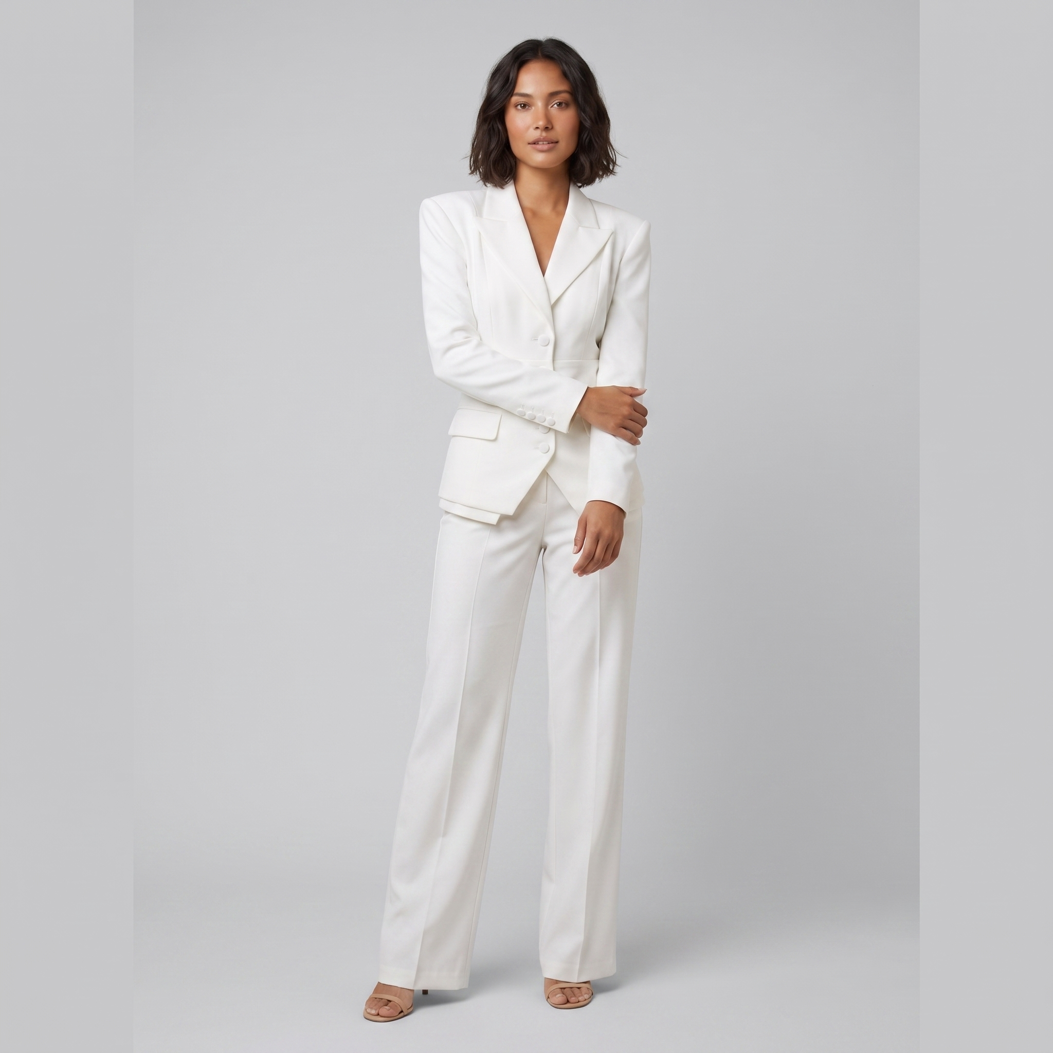 Wanda tailored peak lapel suit in white on model