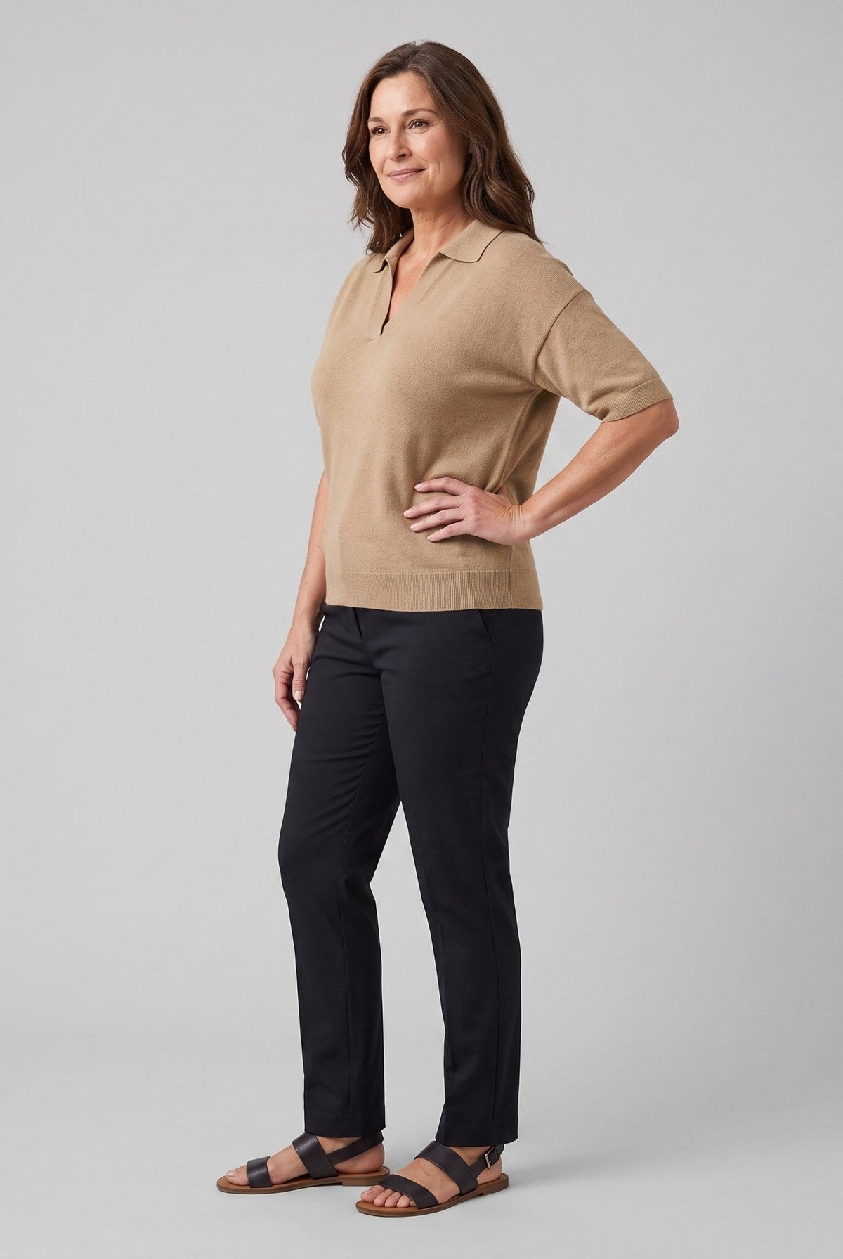 Willa knitted polo sweater in camel on model