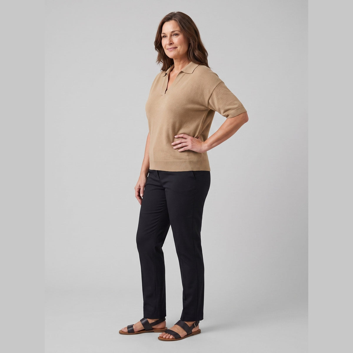 Willa knitted polo sweater in camel on model
