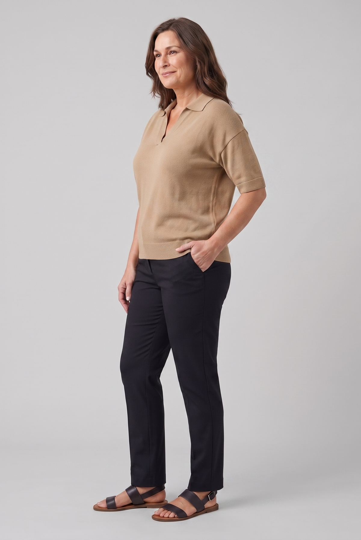 Willa knitted polo sweater in camel, side view on model