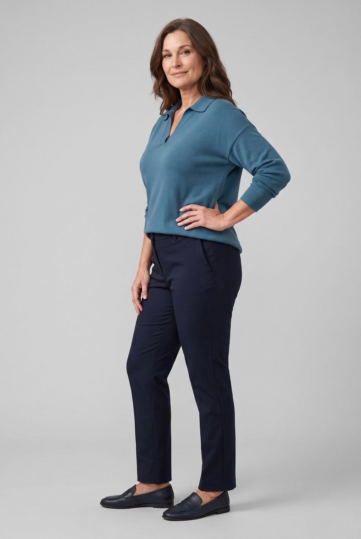 Willa knitted polo sweater in teal on model