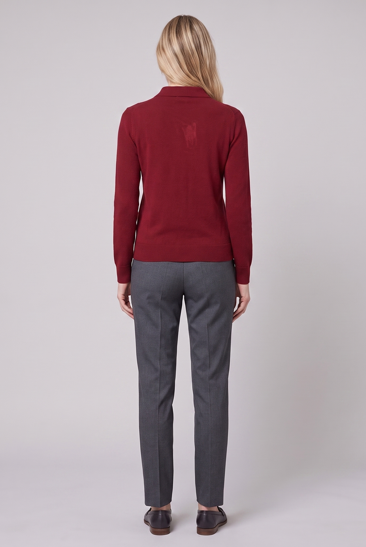 Winona polo cardigan in burgundy, back view on model