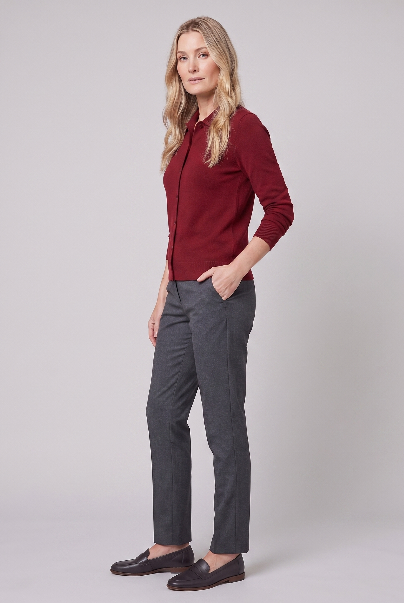 Winona polo cardigan in burgundy, side view on model