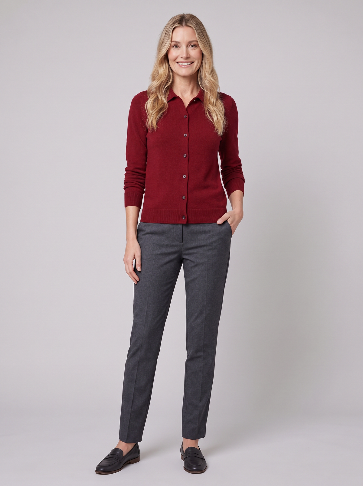Winona wool-blend polo cardigan in burgundy on model