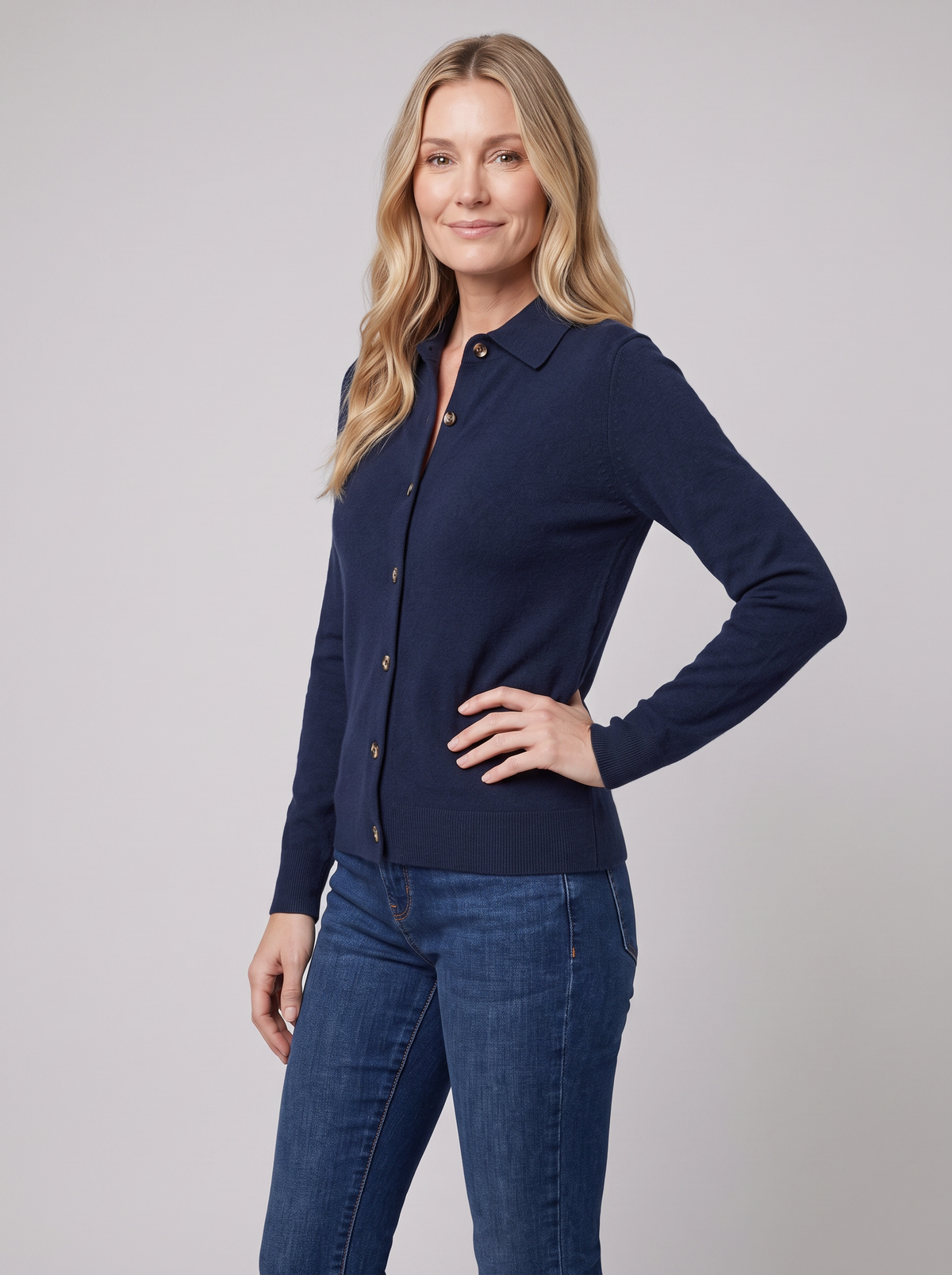 Winona wool-blend polo cardigan in navy on model