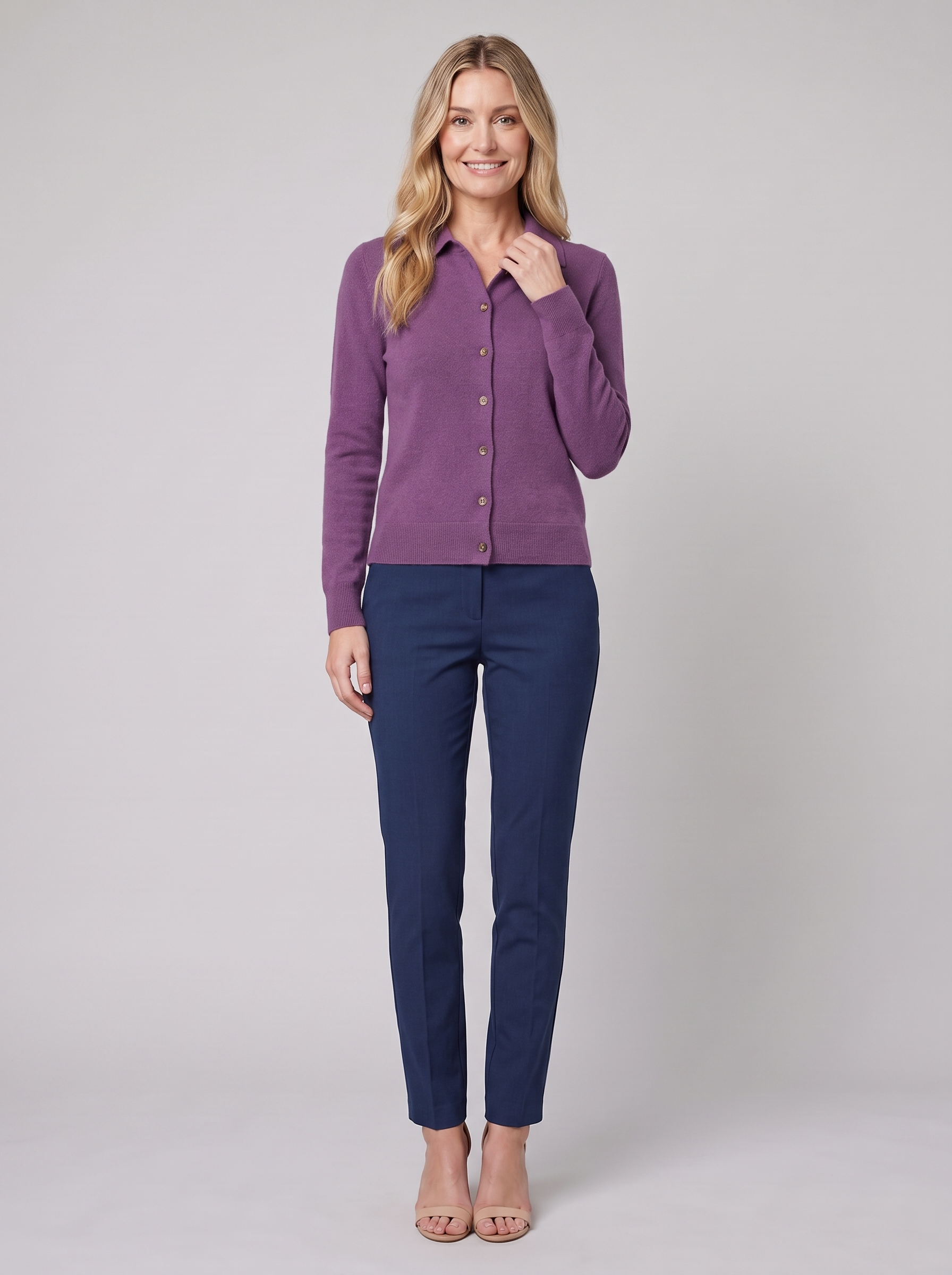 Winona wool-blend polo cardigan in purple on model