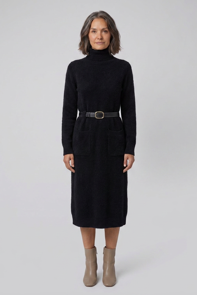 Wynter wool-blend half-turtleneck knit midi dress in black on model