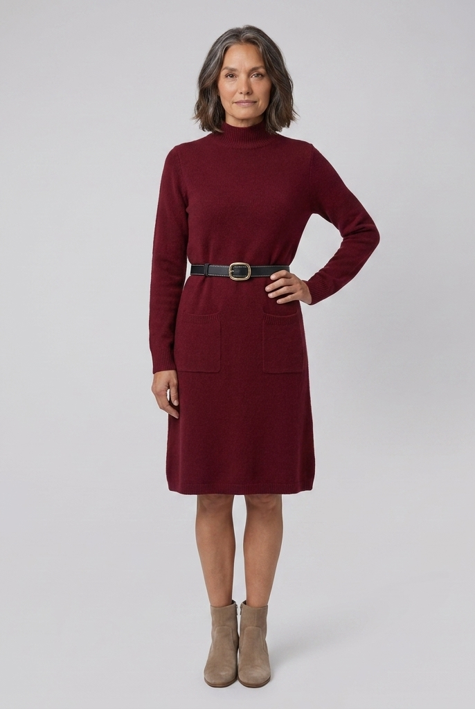 Wynter wool-blend half-turtleneck knit midi dress in burgundy on model