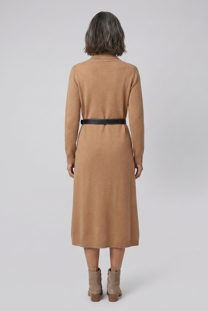 Wynter wool-blend knit midi dress in camel, back view on model