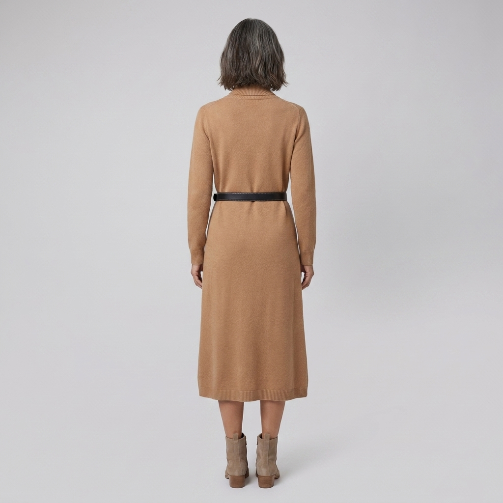 Wynter wool-blend knit midi dress in camel, back view on model