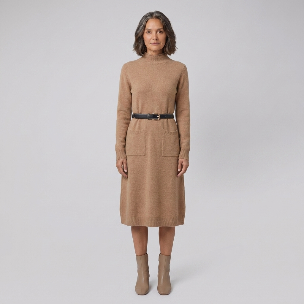 Wynter wool-blend half-turtleneck knit midi dress in camel on model