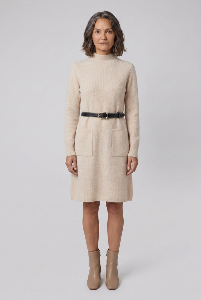 Wynter wool-blend half-turtleneck knit midi dress in cream on model