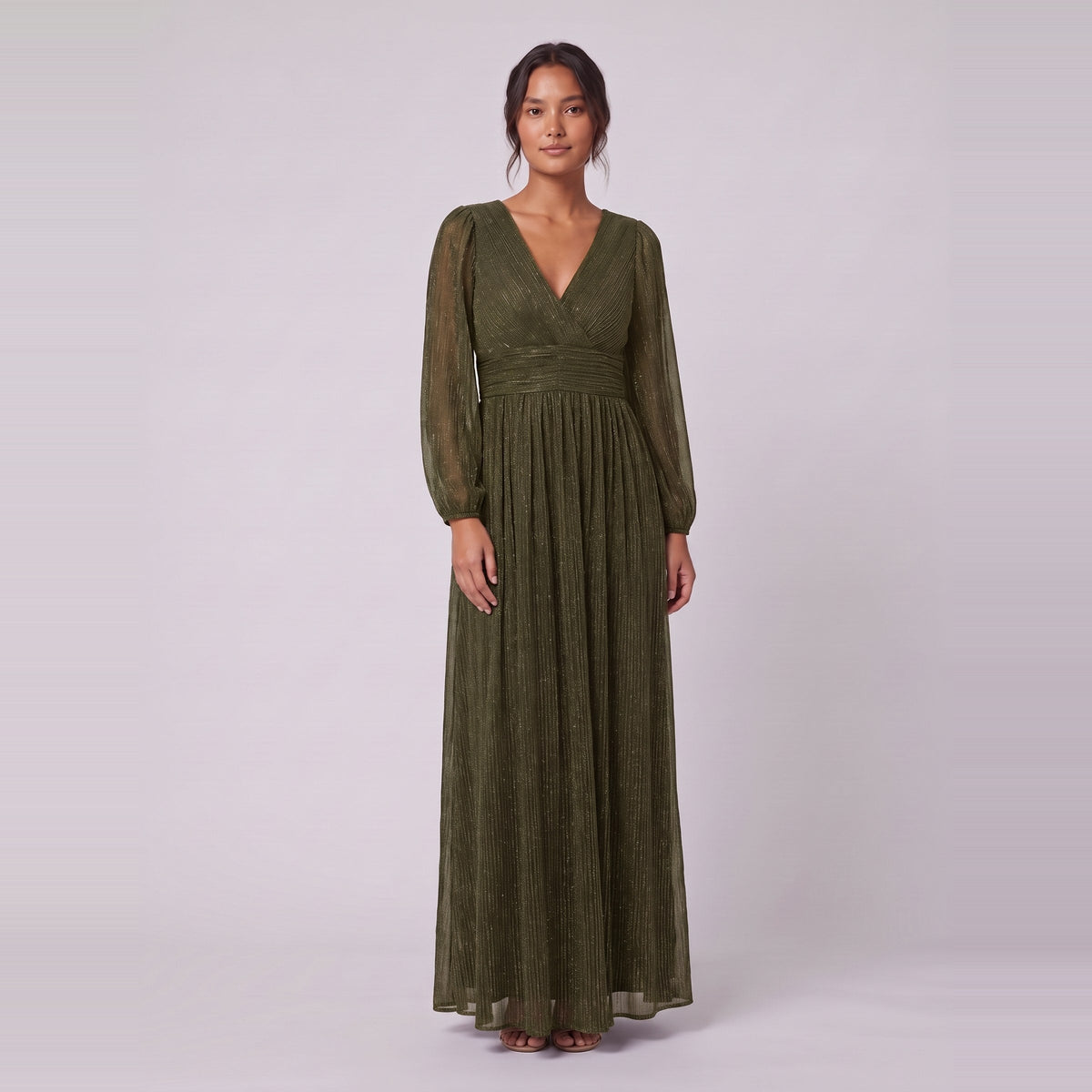Brym glitter knit gown in olive green, front view