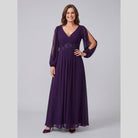 Amethyst chiffon gown with beaded belt and long sleeves 1