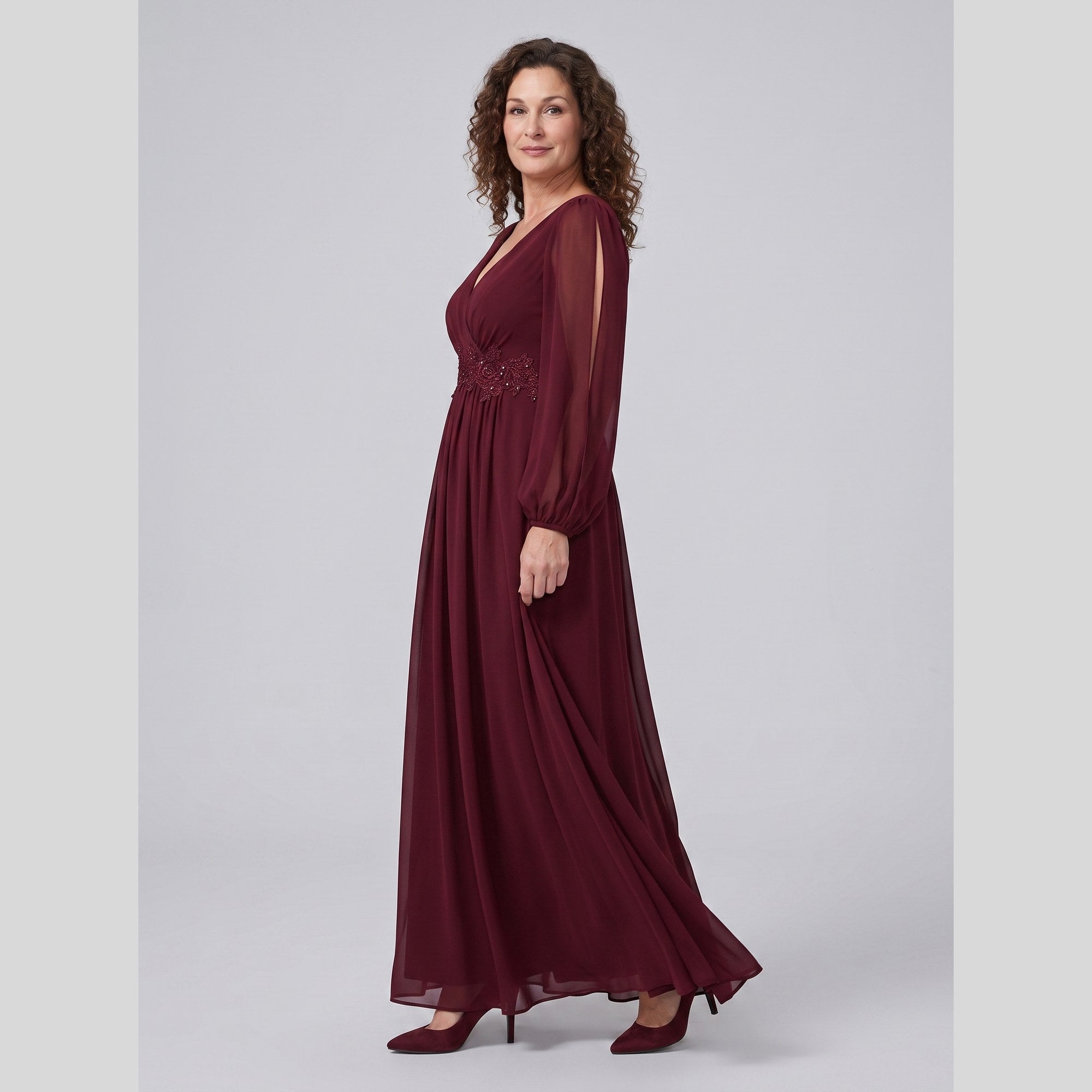 Amethyst chiffon gown with beaded belt and long sleeves 2