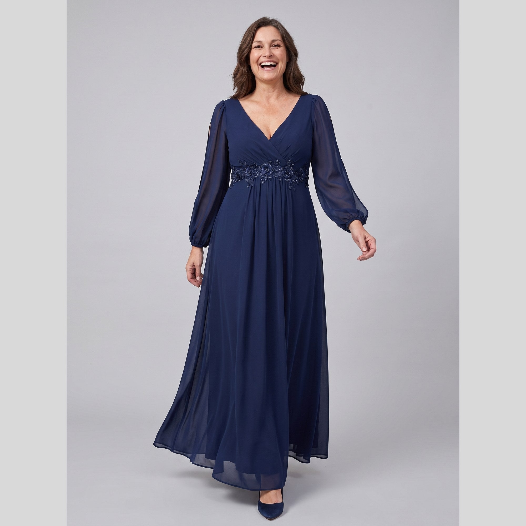 Amethyst chiffon gown with beaded belt and long sleeves 3