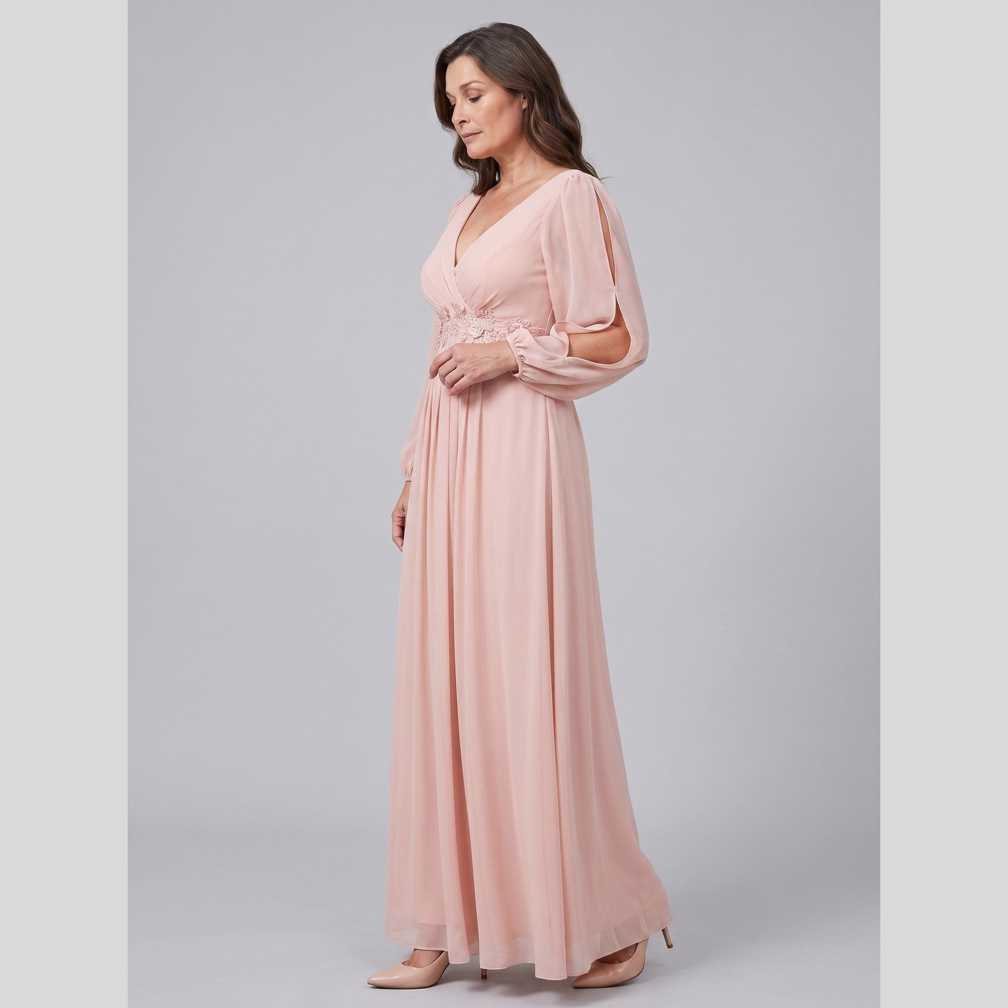 Amethyst chiffon gown with beaded belt and long sleeves 4