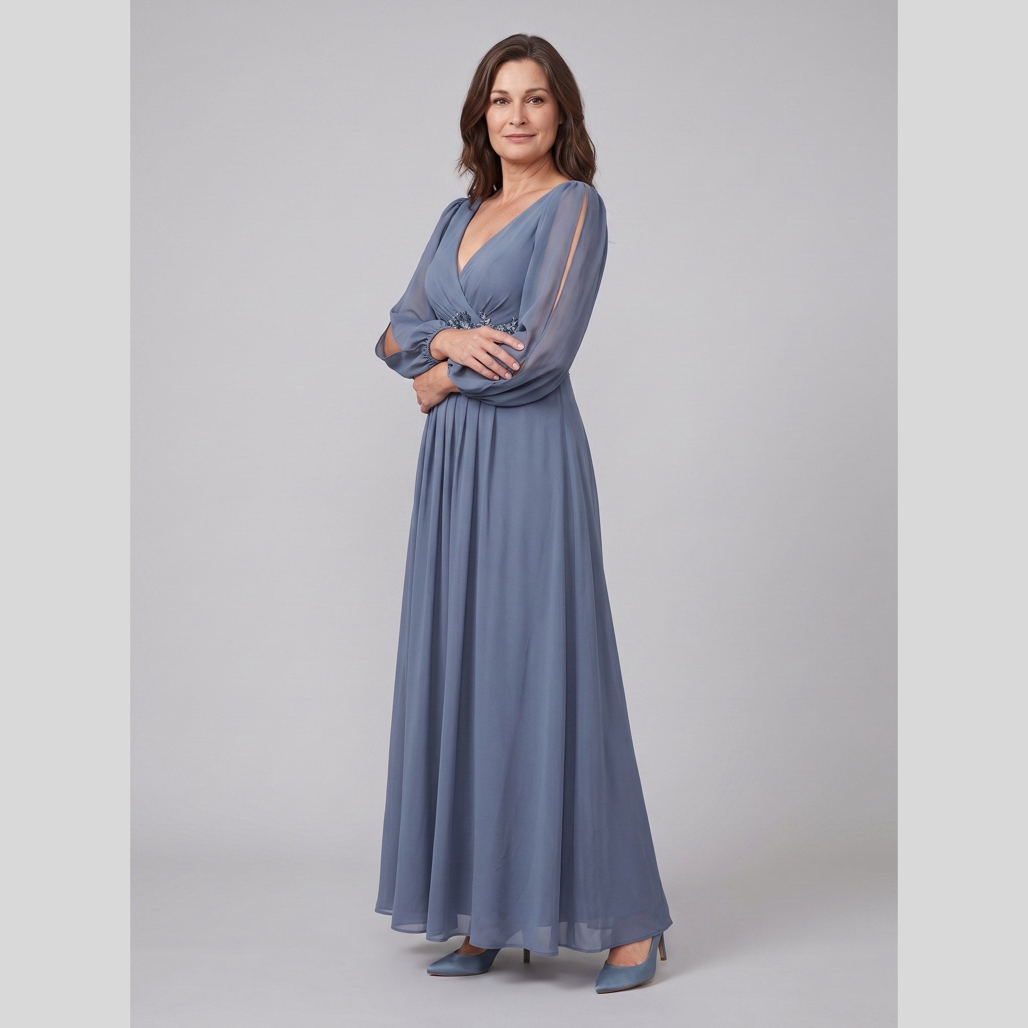 Amethyst chiffon gown with beaded belt and long sleeves 5
