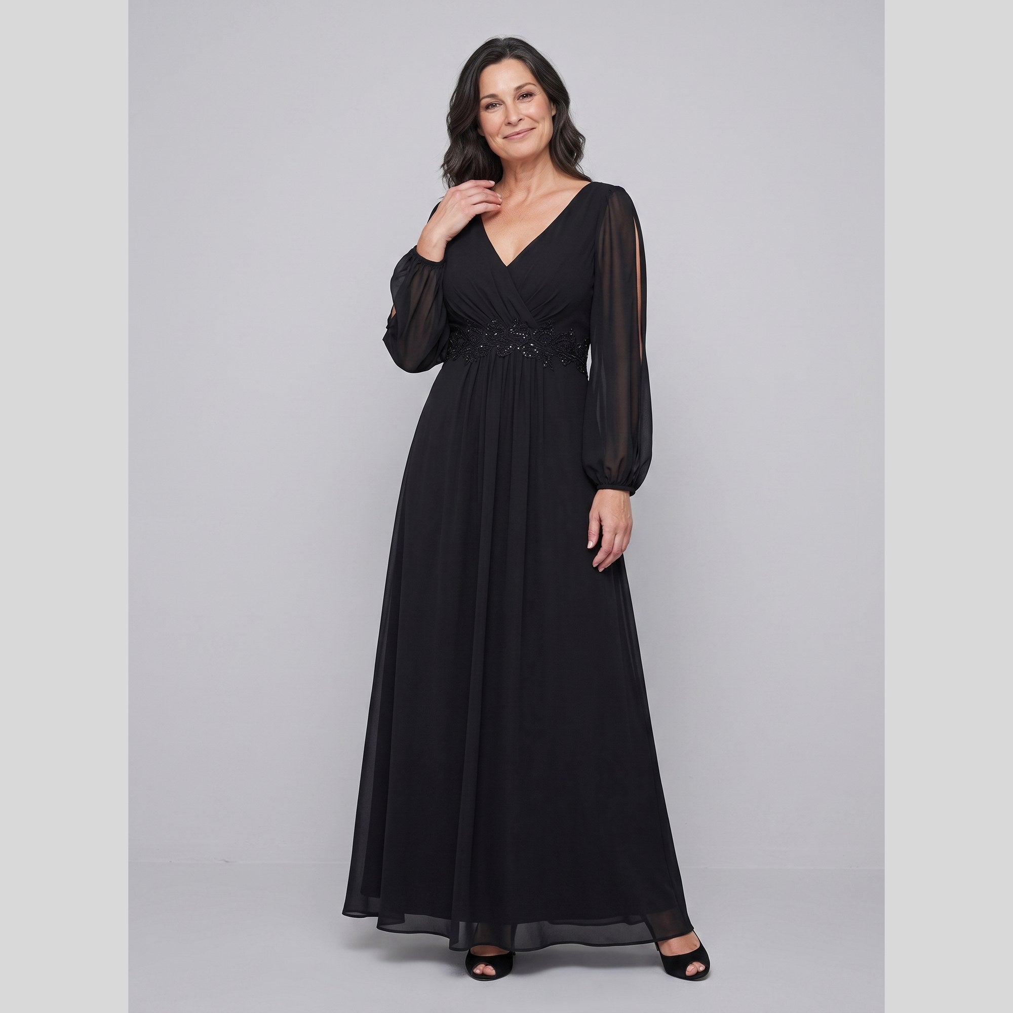 Amethyst chiffon gown with beaded belt and long sleeves 6