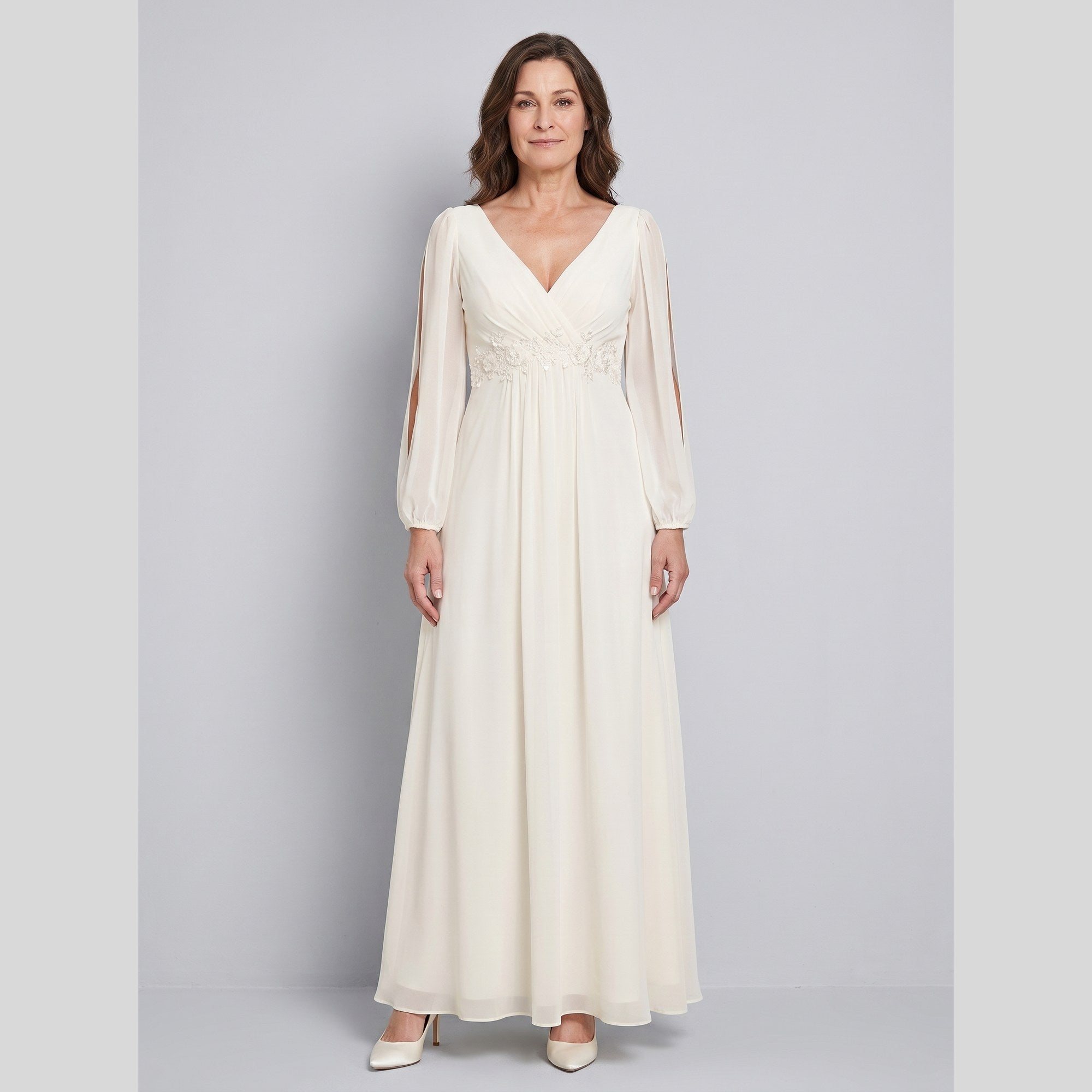 Amethyst chiffon gown with beaded belt and long sleeves 7