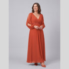 Amethyst chiffon gown with beaded belt and long sleeves 9