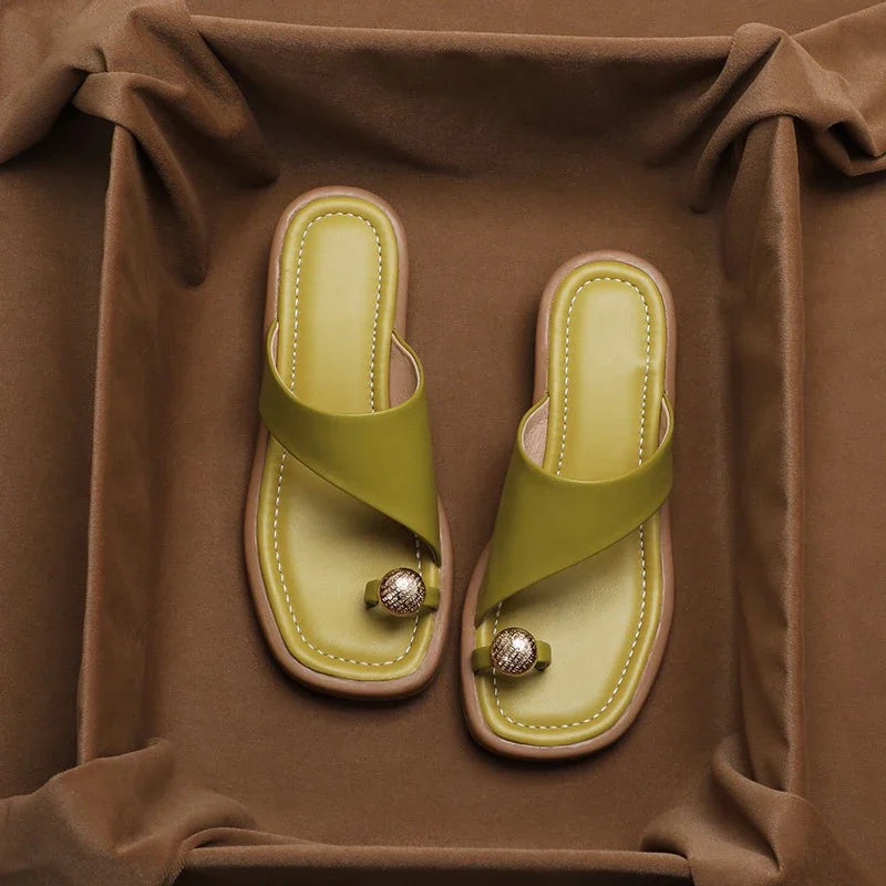 Ava Leather Slides | 100% Leather, Square Toe, Sculpted Block Heel 5