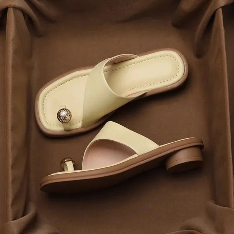 Ava Leather Slides | 100% Leather, Square Toe, Sculpted Block Heel 7
