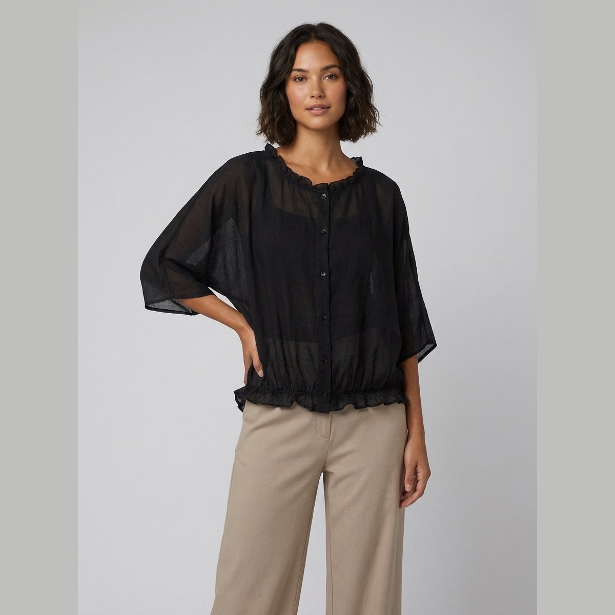 Aveline Ruffle Blouse | Cotton-Linen Blend Plus Size Top 1