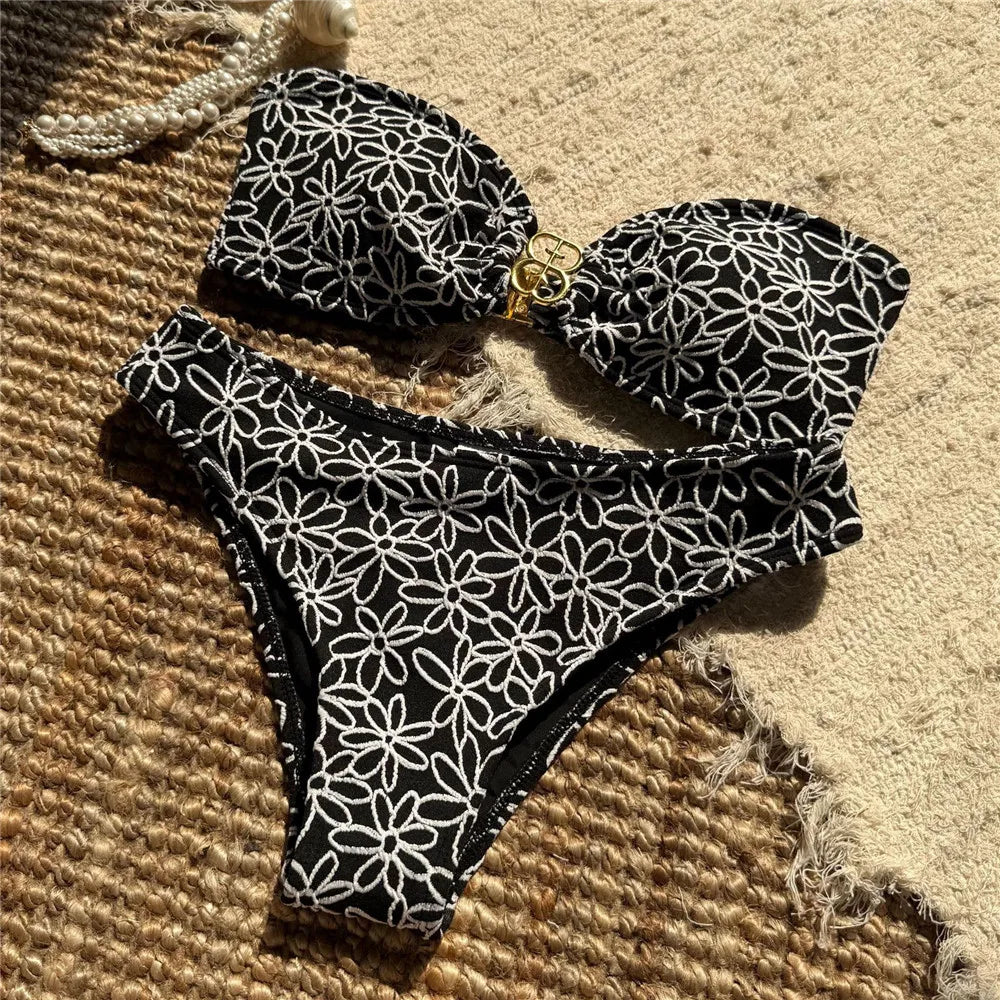 Bella Bandeau Bikini Set | Floral Embroidery, High Cut Design 2