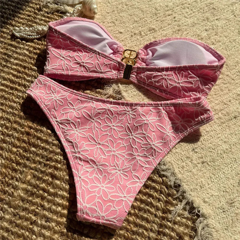 Bella Bandeau Bikini Set | Floral Embroidery, High Cut Design 4