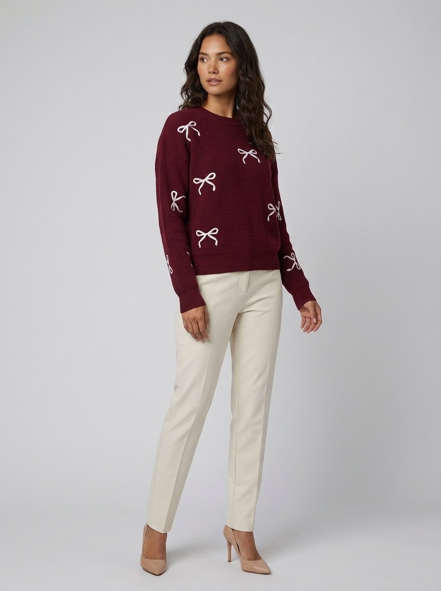 Blythe Women's Sweater | Oversized Acrylic Knit, Bow Pattern 1
