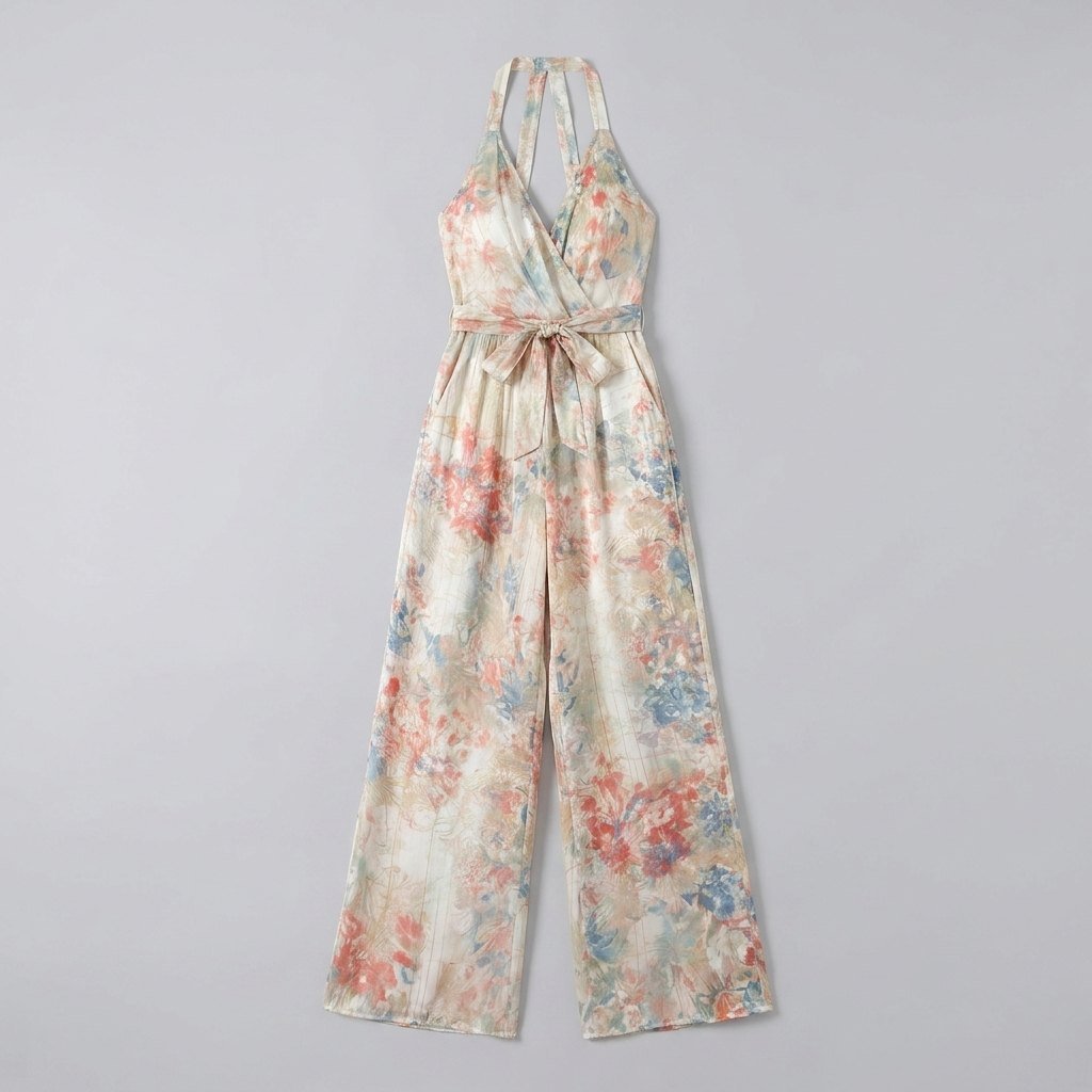 Bora Satin Jumpsuit | Halter Neck, Wide-Leg Floral Design 2