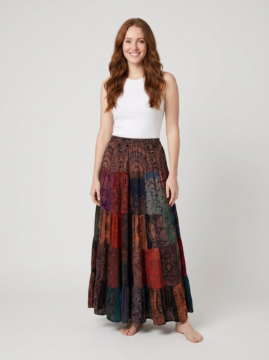 Brielle Maxi Skirt | Lightweight Rayon, Boho Patchwork Design 0