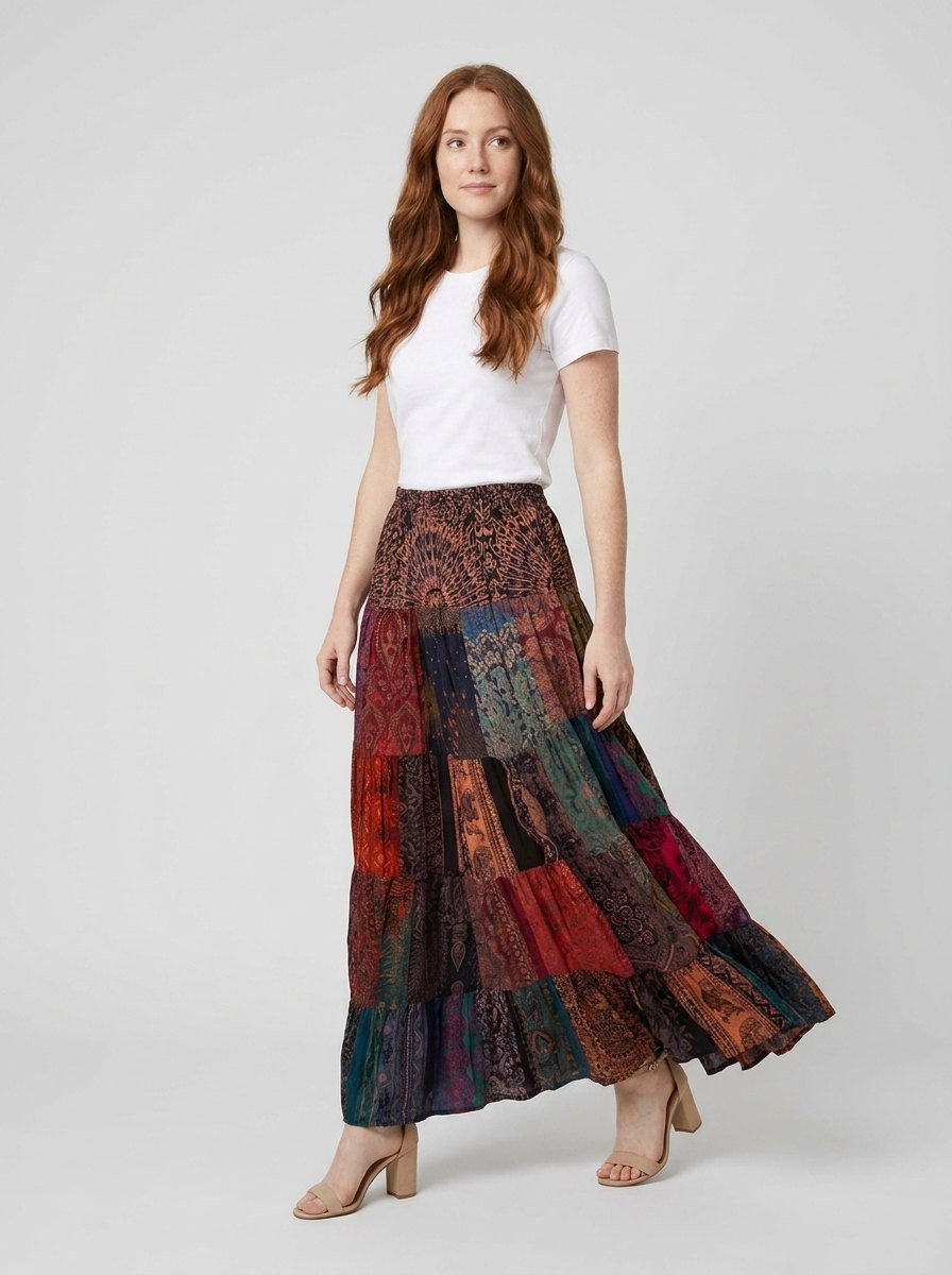 Brielle Maxi Skirt | Lightweight Rayon, Boho Patchwork Design 2